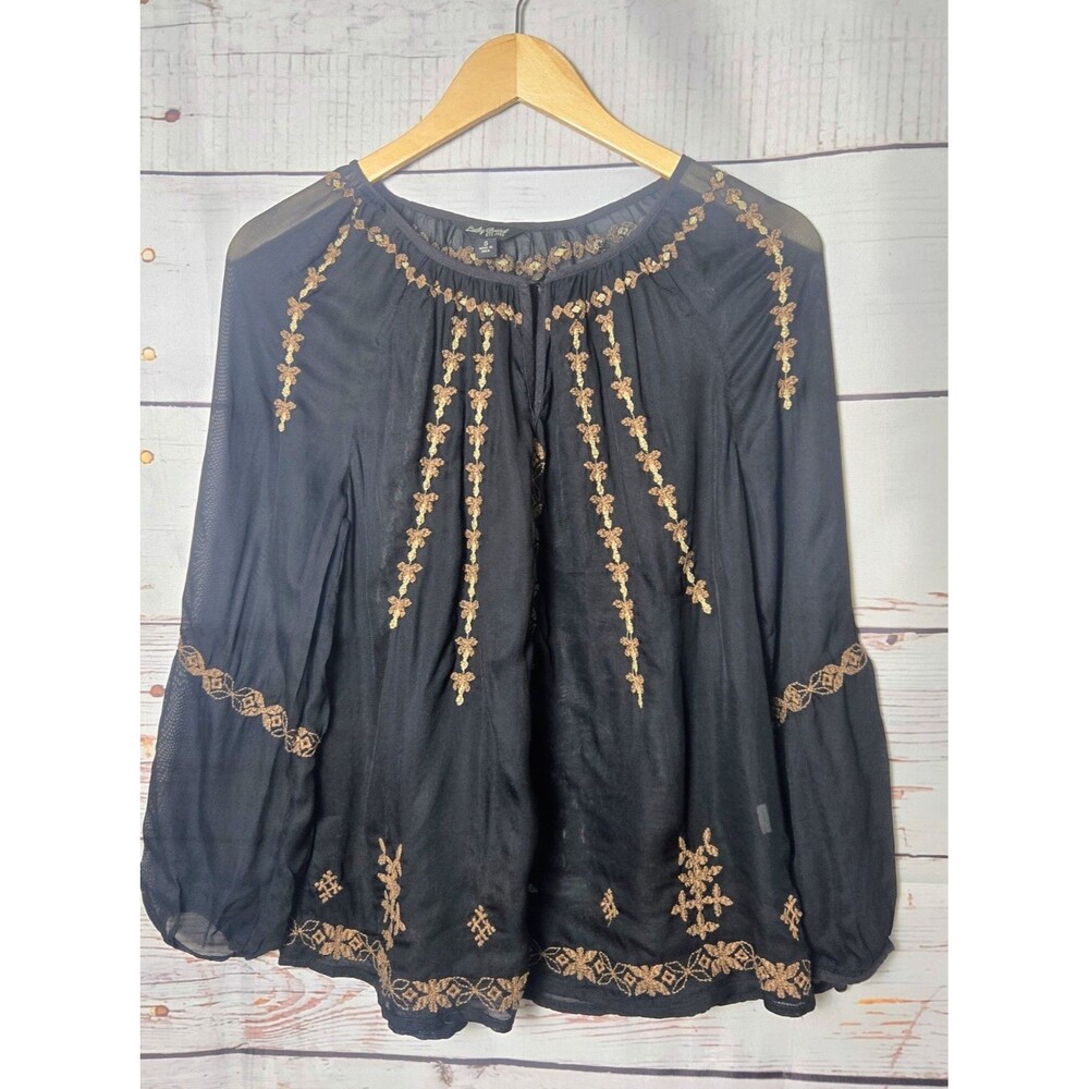 Lucky Brand Womens Top Small Black Gold Embroidered Long Sleeve Sheer Peasant